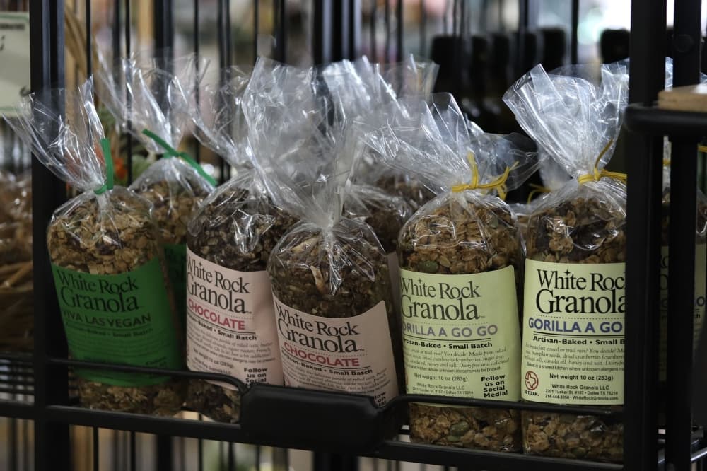 Bags of granola on a shelf