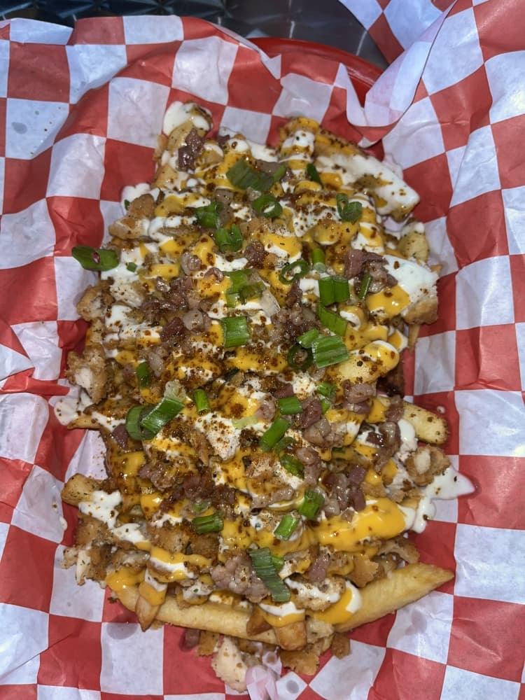 OMG Fries (11.99) are topped with cheese, green onion, bacon and chicken. (Peyton MacKenzie/Community Impact)