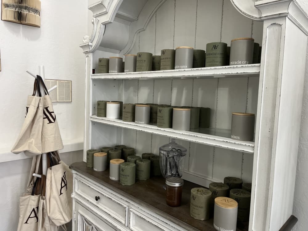 Picture shows a display of candles. 