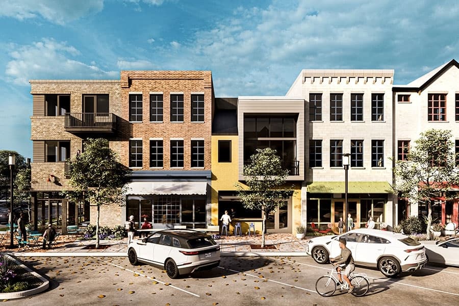 rendering of Indigo Commons with group of people standing around a white car