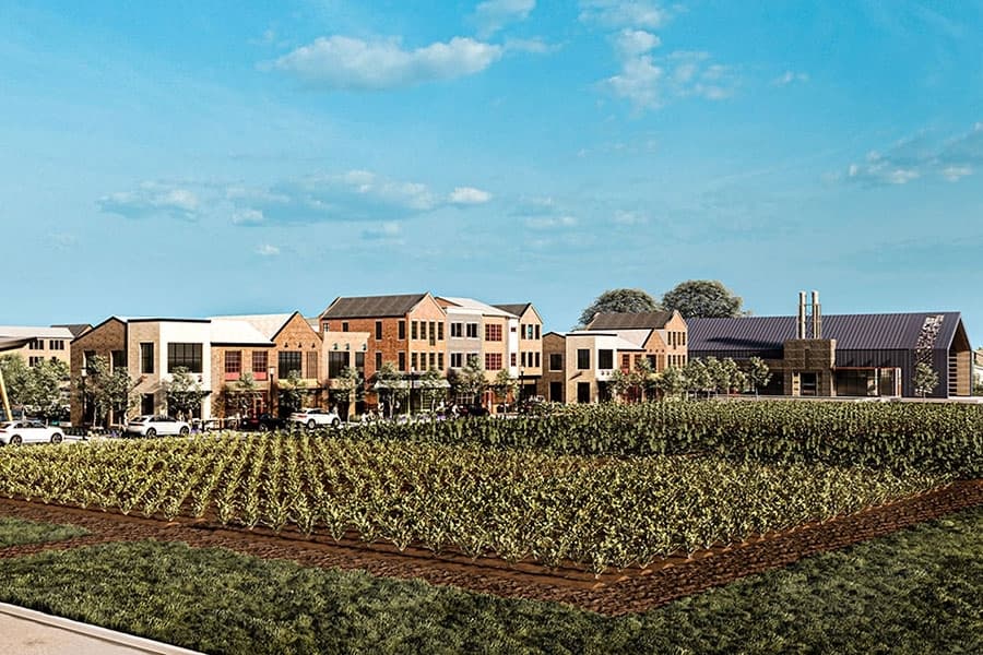 a rendering of a farm with a building in the background
