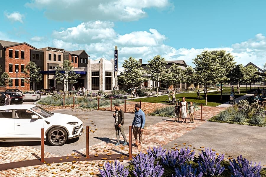 an artist's rendering of a street corner with people walking and biking.