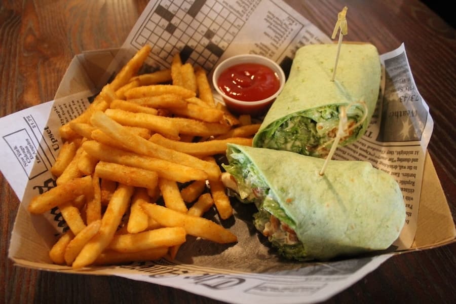 Fries, ketchup and a wrap