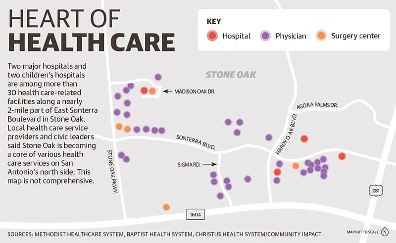 East Sonterra Boulevard is one of the main corridors in Stone Oak's health care sector. (Baptist Health System/Methodist Healthcare System/Christus Health/Community Impact)