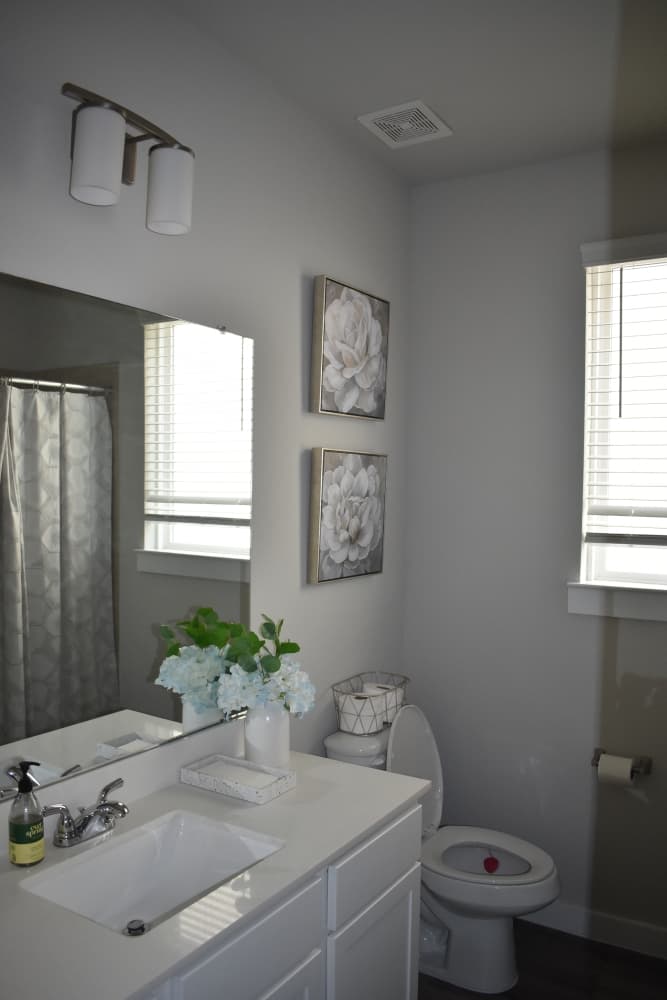 A vertical photo of a bathroom in a model home.