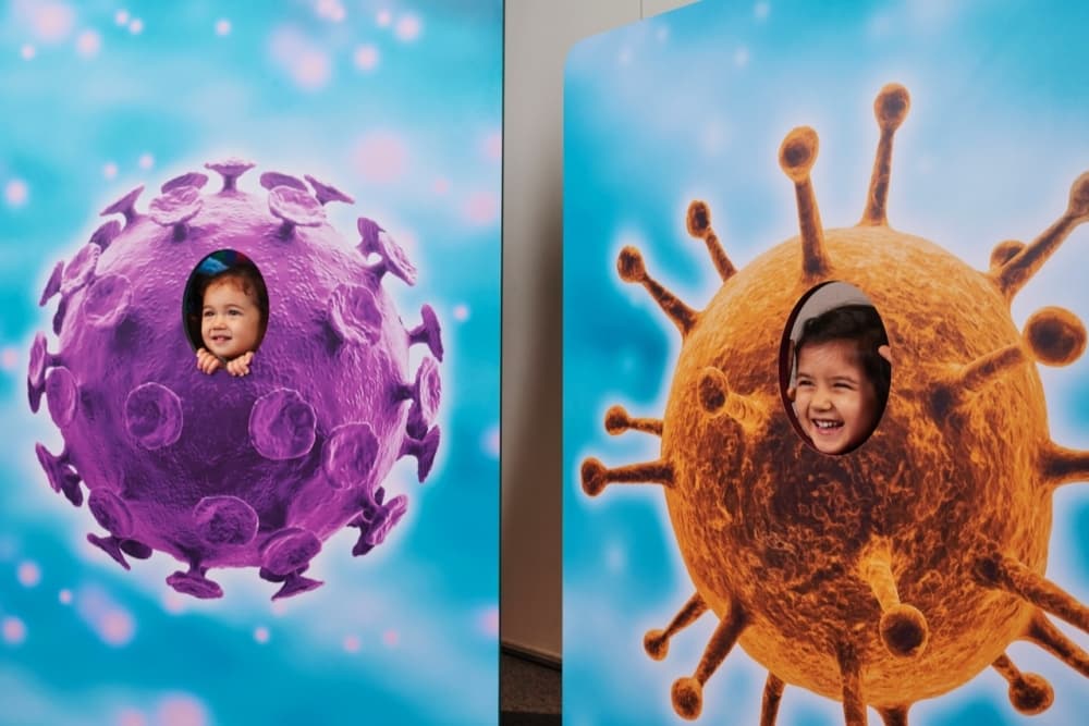 This is a photo of two kids enjoying a health museum exhibit.