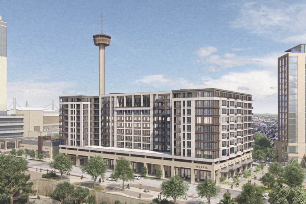 An artist’s rendering of a multistory residential tower with ground-level retail space and an adjoining retail building planned at Hemisfair, which is currently undergoing redevelopment in downtown San Antonio. (Courtesy Post Lake Capital Partners)
