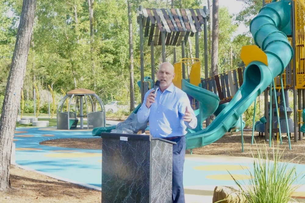 Willis ISD Superintendent Tim Harkrider gives a speech during the dedication ceremony. (Cassandra Jenkins/Community Impact)