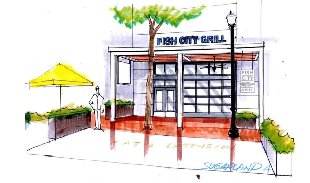 Colored sketch rendering of restaurant facade (street view)