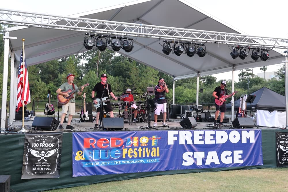 A band performs on an outdoor stage.
