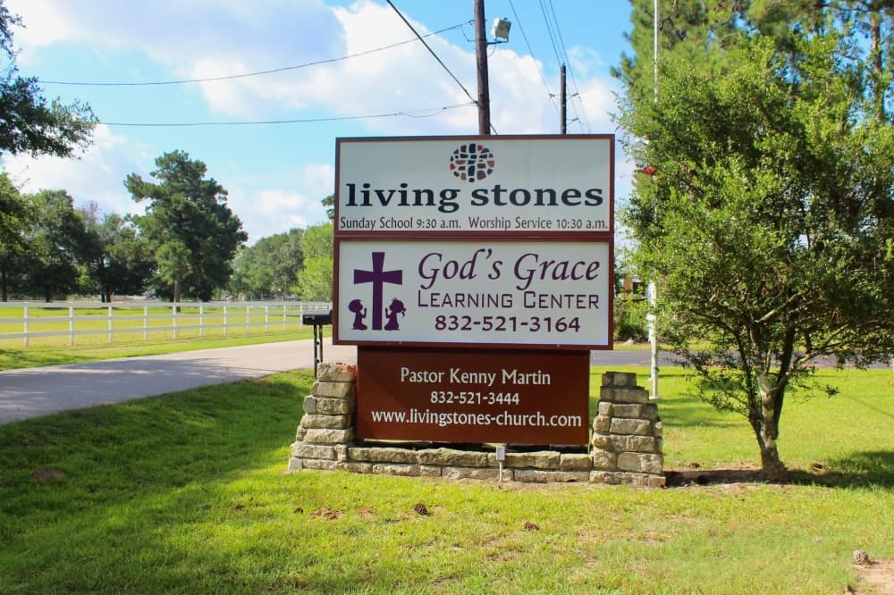 A sign for Living Stones Church and God's Grace Learning Center