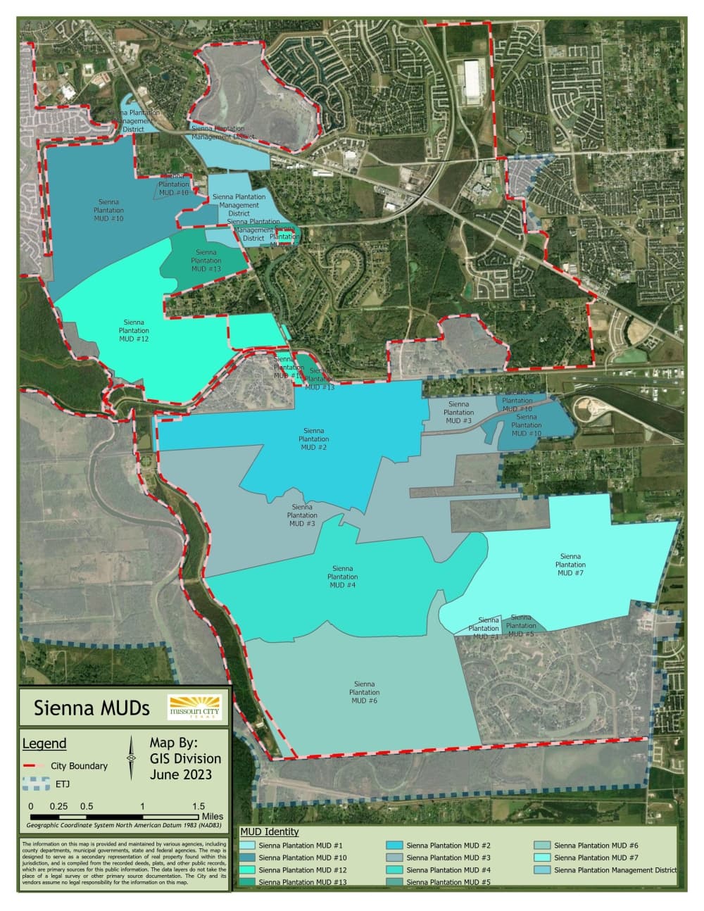 Color coded map of 2023 Missouri City municipal utility districs