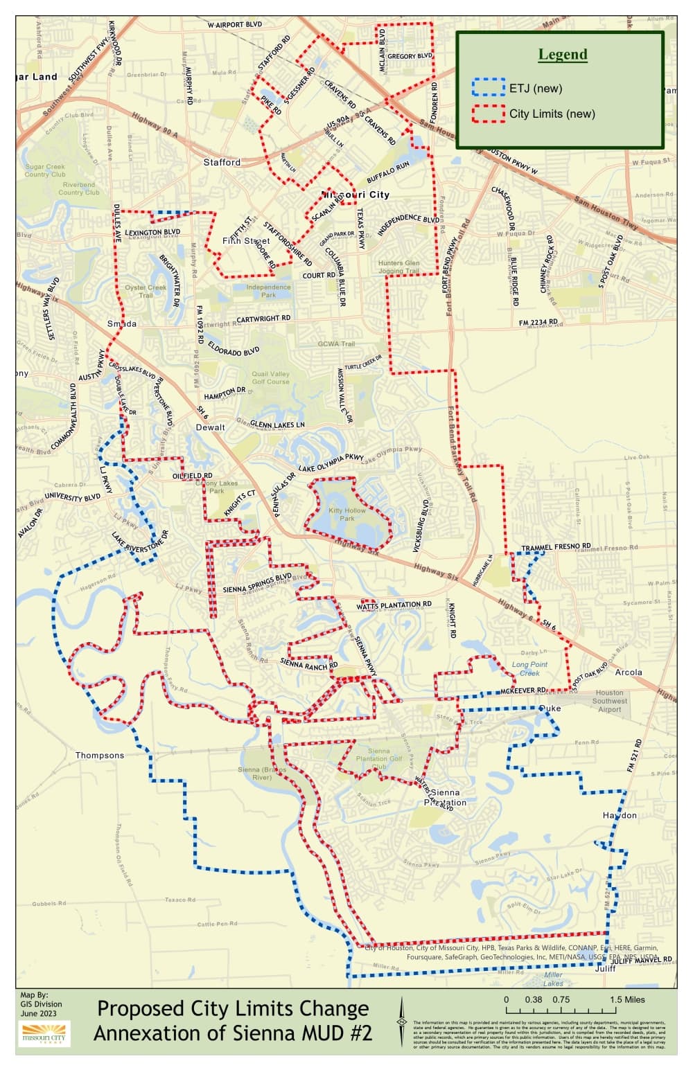 A map of Missouri City's proposed city limits changes after the potential annexation of Sienna MUD 2.