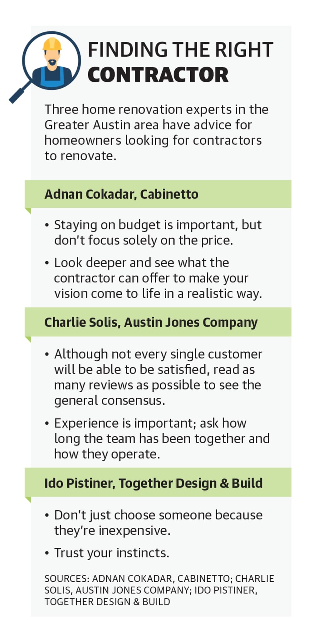 a graphic with advice from three home renovation experts on choosing contractors 