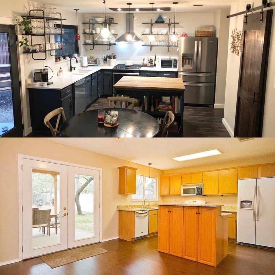 renovated kitchen with dark wood compared to an older kitchen with lighter wood cabinets 