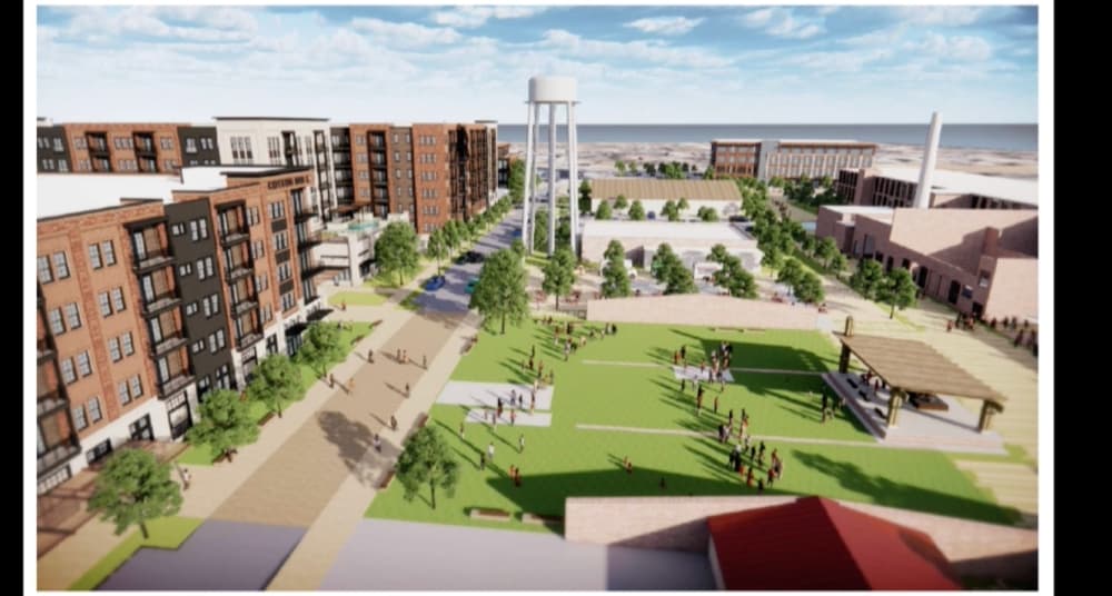 Rendering of the Cotton Mill multifamily and park area