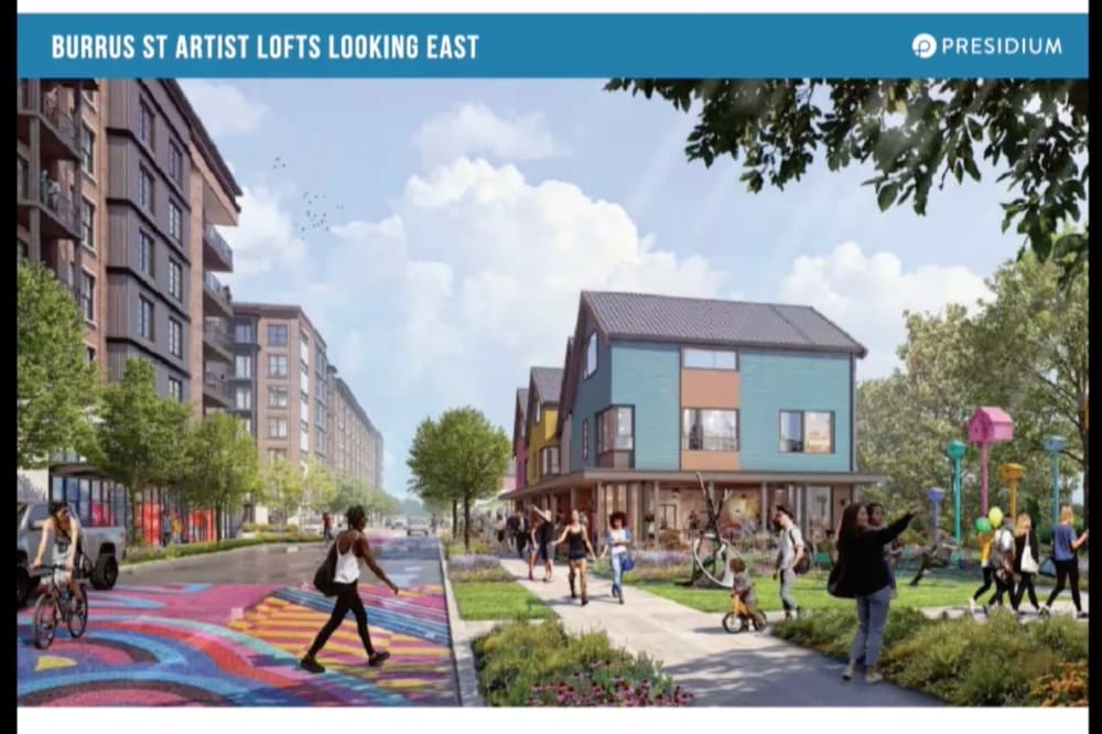 Rendering of the Cotton Mill redevelopment project with townhomes and multifamily