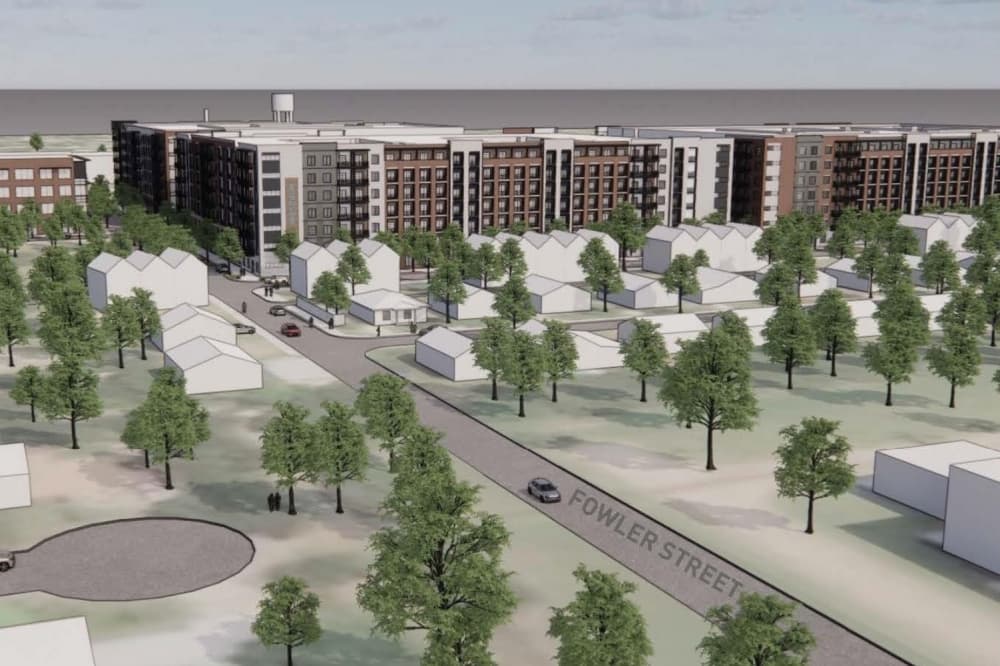 Rendering of the Cotton Mill multifamily and surrounding area