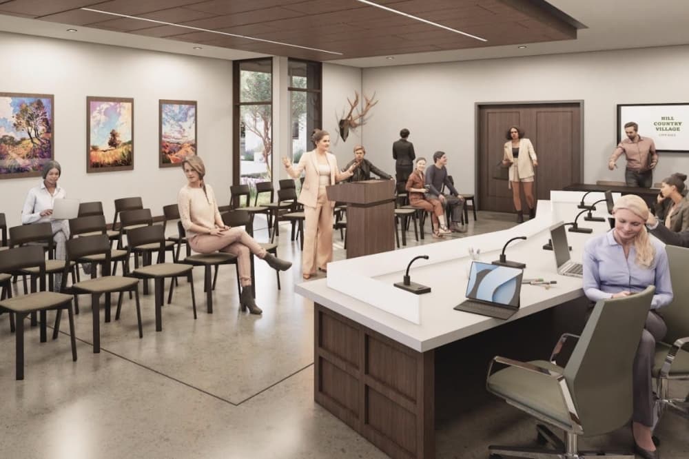 A conceptual design for a proposed new, larger Hill Country Village City Hall includes a multipurpose area that can be used for City Council meetings, municipal court sessions and community gatherings. (Rendering courtesy LPA Design Studios)