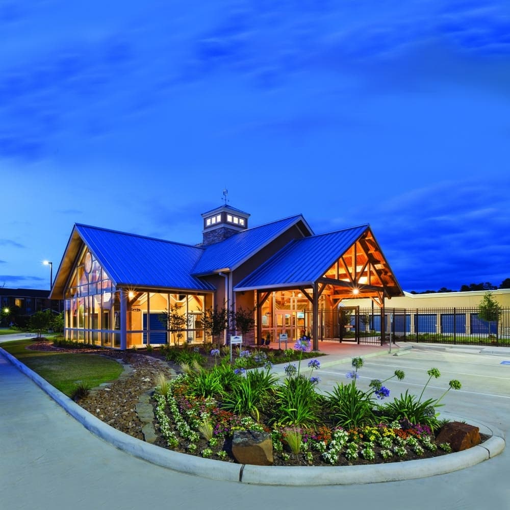 Exterior of Amazing Spaces during the evening 