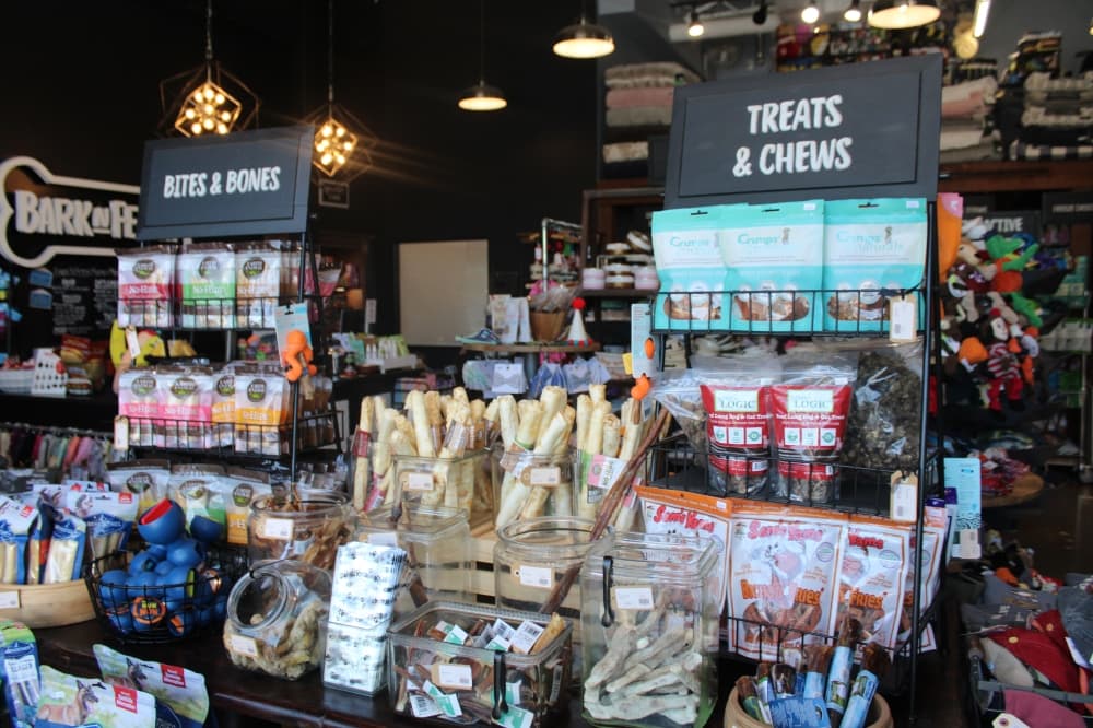 Chew toys and treats on display.