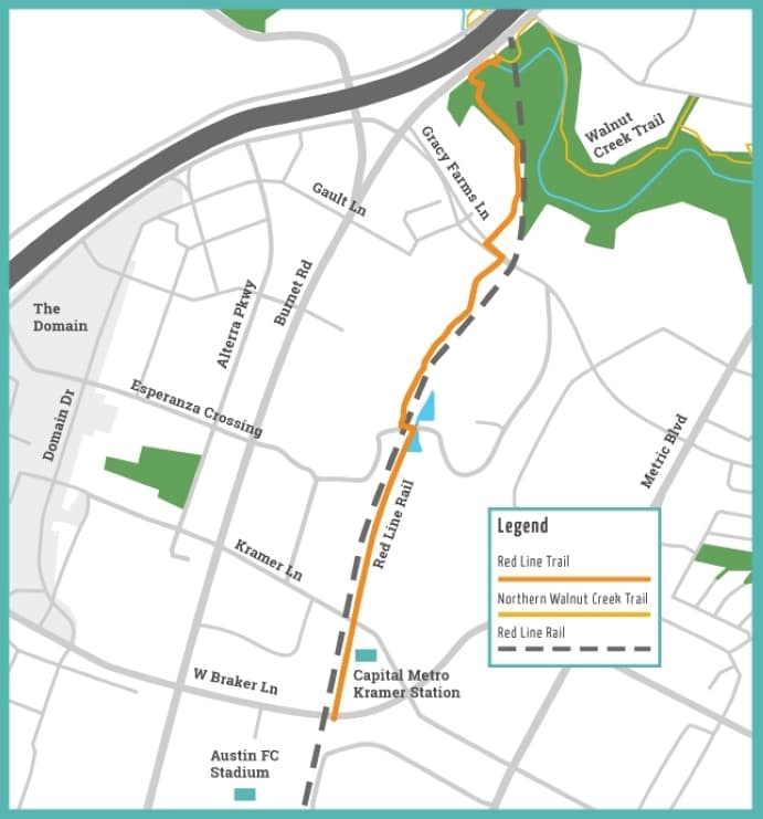 Red Line Trail project map from Braker Lane to Walnut Creek