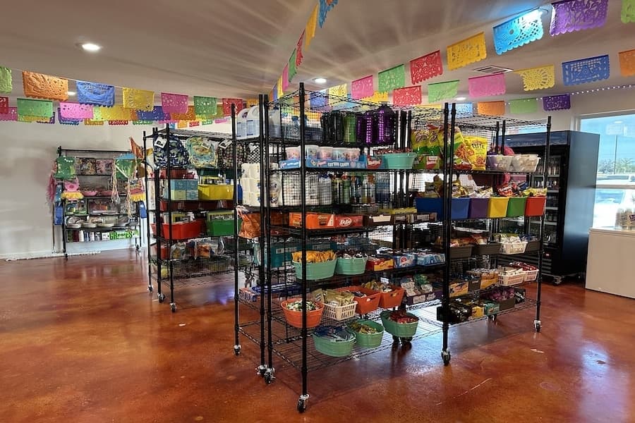 party supplies and candy on shelves
