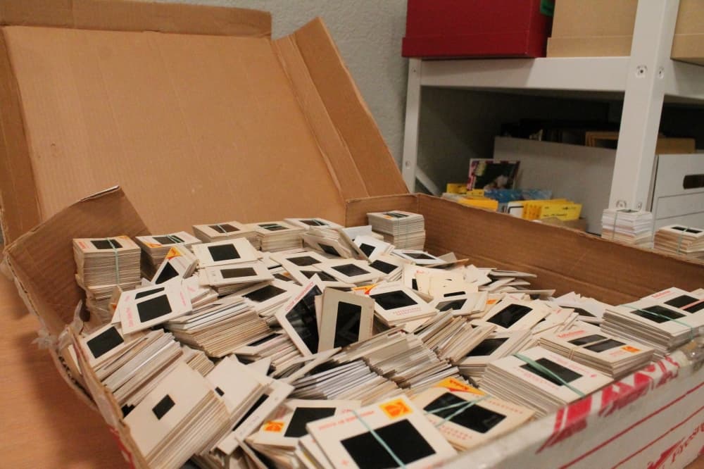 A box of photo slides