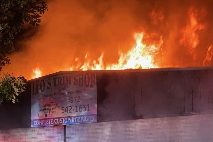 Leo's Trim Shop on fire