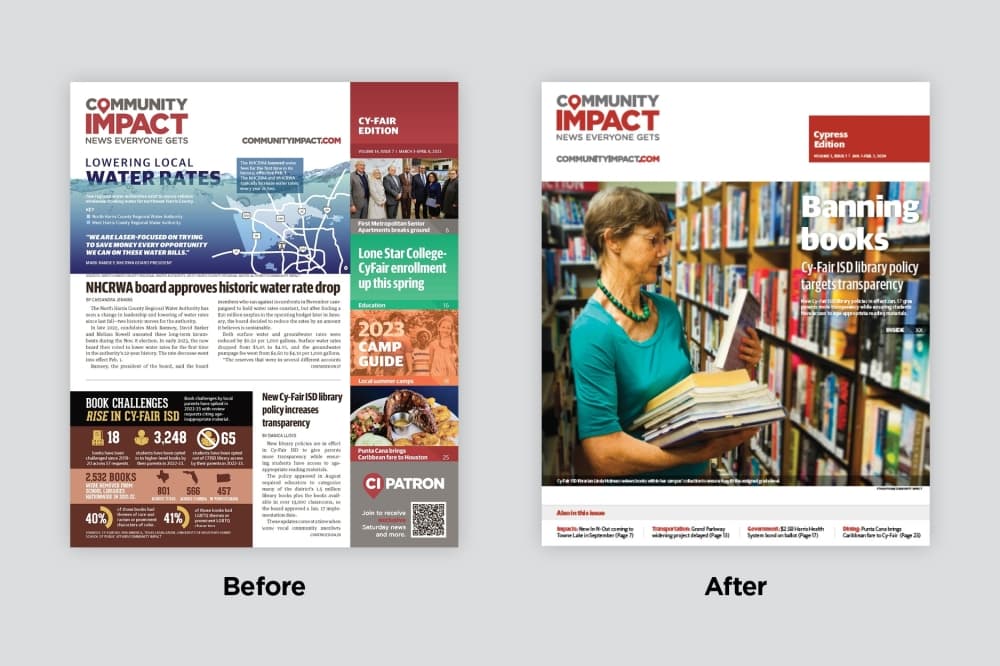 a before and after collage of community impact's front page of the newspaper product