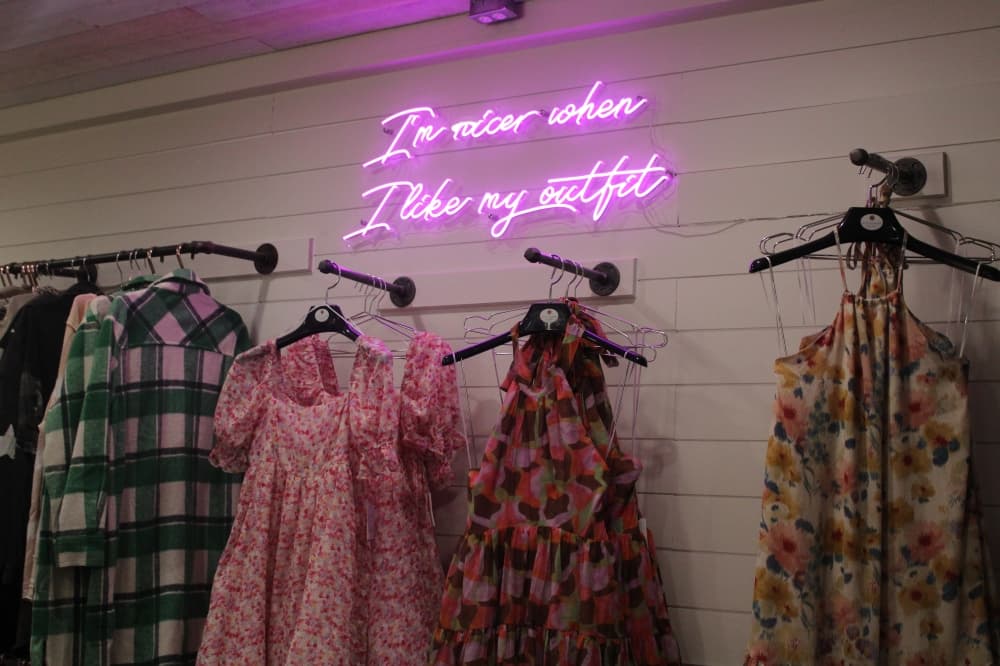 Clothing for sale on racks.