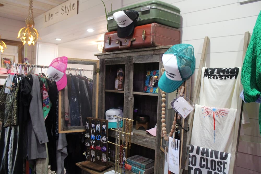 Clothing and accessories on display.