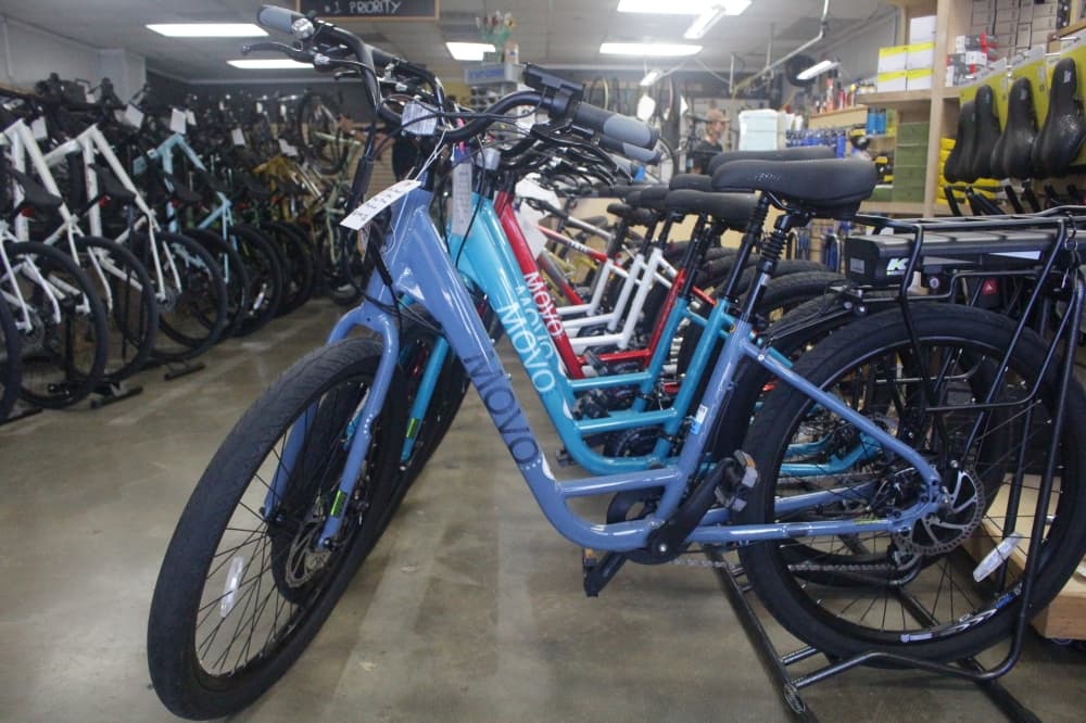 A row of multiple bicycles on display inside the shop