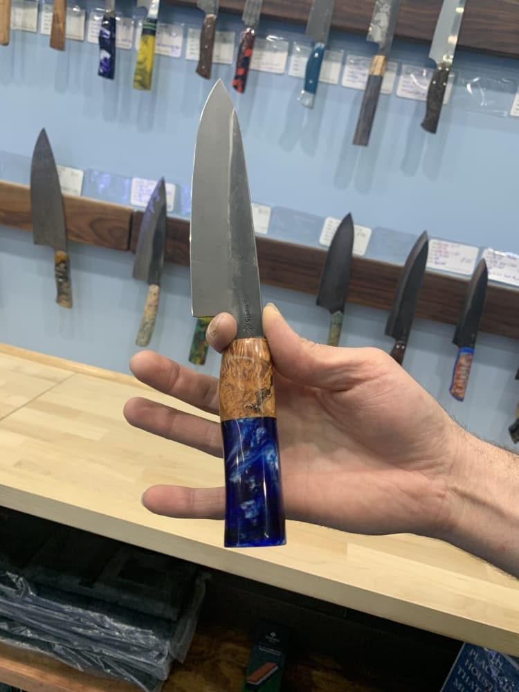 Montgomery creates knife handles using materials he selects himself from artisans from around the U.S. (Shawn Arrajj/Community Impact)