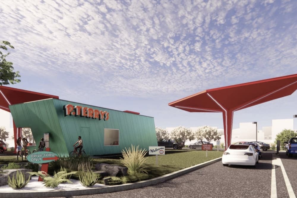 Architectural rendering of cars in a P. Terry's drive-thru.