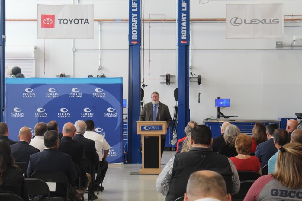 Collin College District President Neil Matkin speaks to a crowd at the signing ceremony for Collin College's T-TEN program. (Michael Crouchley/Community Impact)