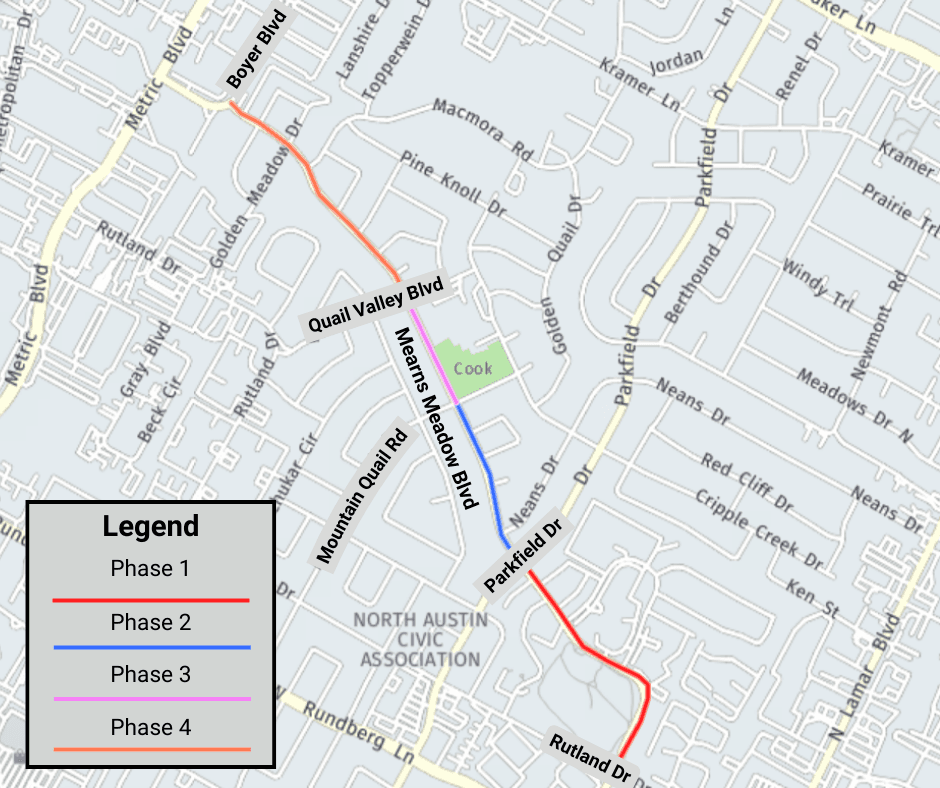 Construction for the Little Walnut Creek Flood Risk Reduction Project will be completed in three phases, the first of which will be between Rutland Drive and Parkfield Drive. (Courtesy Austin Capital Delivery Services)