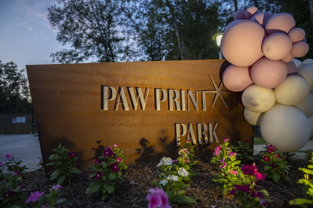 A photo of the entryway sign to Paw Print Park with balloons