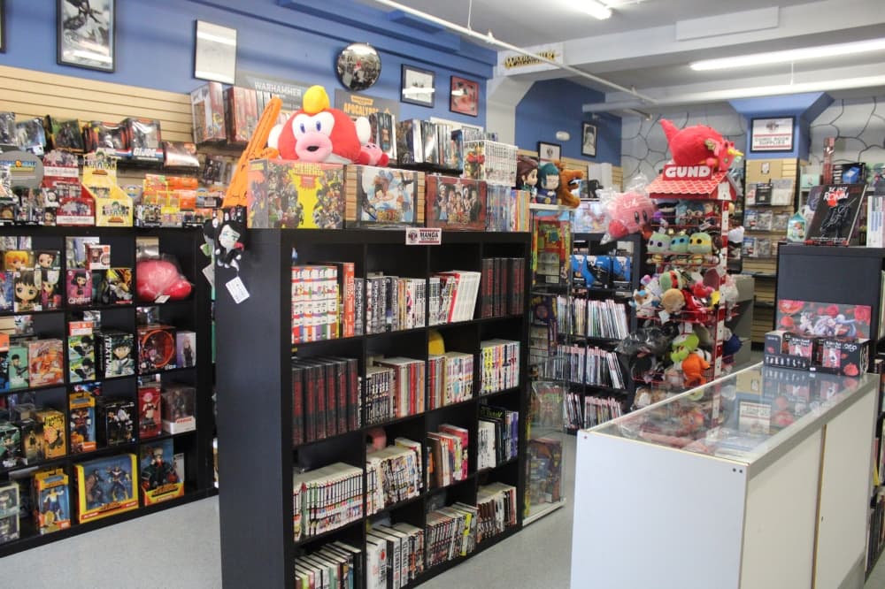Shelves of board games and toys.