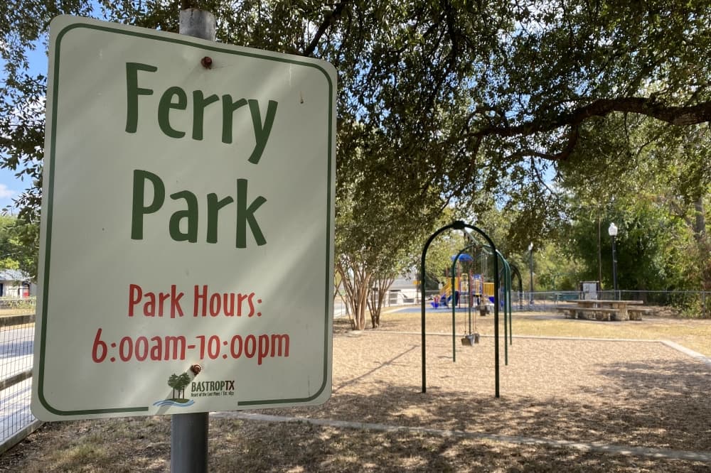 A park sign reading "Ferry Park" in front of some swings.