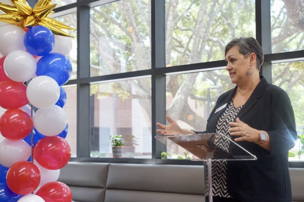 Lee Ann Nutt, president of Lone Star College-Tomball, welcomed students and staff to the new Career and Transfers Connections Office. (Cassandra Jenkins/Community Impact)
