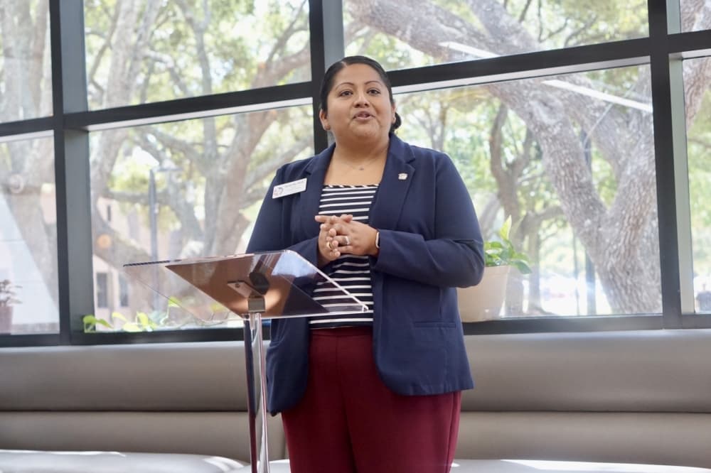Sarah Ho, director of academic, career and transfer advising at LSC-Tomball, spoke at the grand opening. (Cassandra Jenkins/Community Impact)