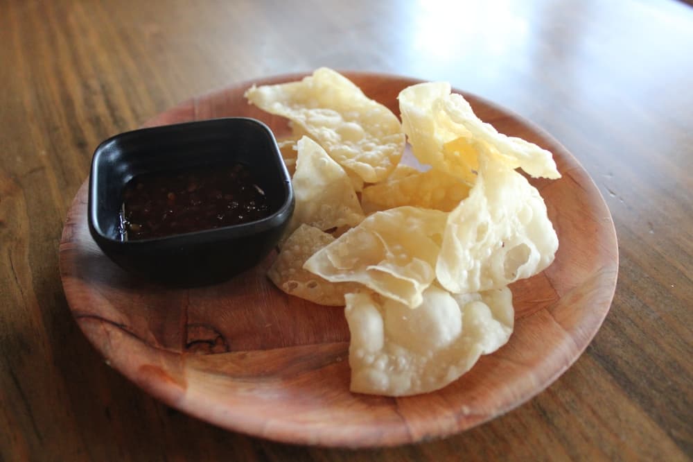 Chips and chili sauce from Wahta Ramen.