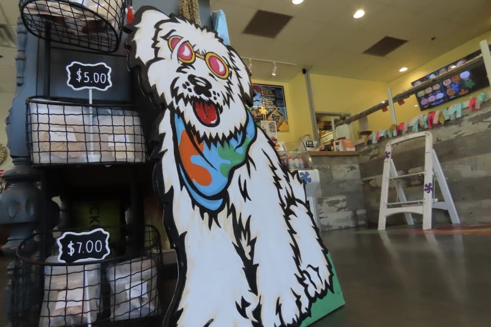 Doughnut dog sits next to pet treats at Peace, Love and Little Donuts in Southlake. 
