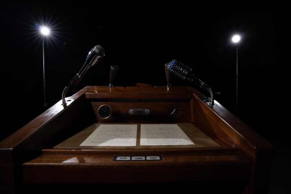 Space Center Houston officials have confirmed the authenticity of the lectern used by President John F. Kennedy to deliver his famous moon speech at Rice University in 1962. (Courtesy Space Center Houston)