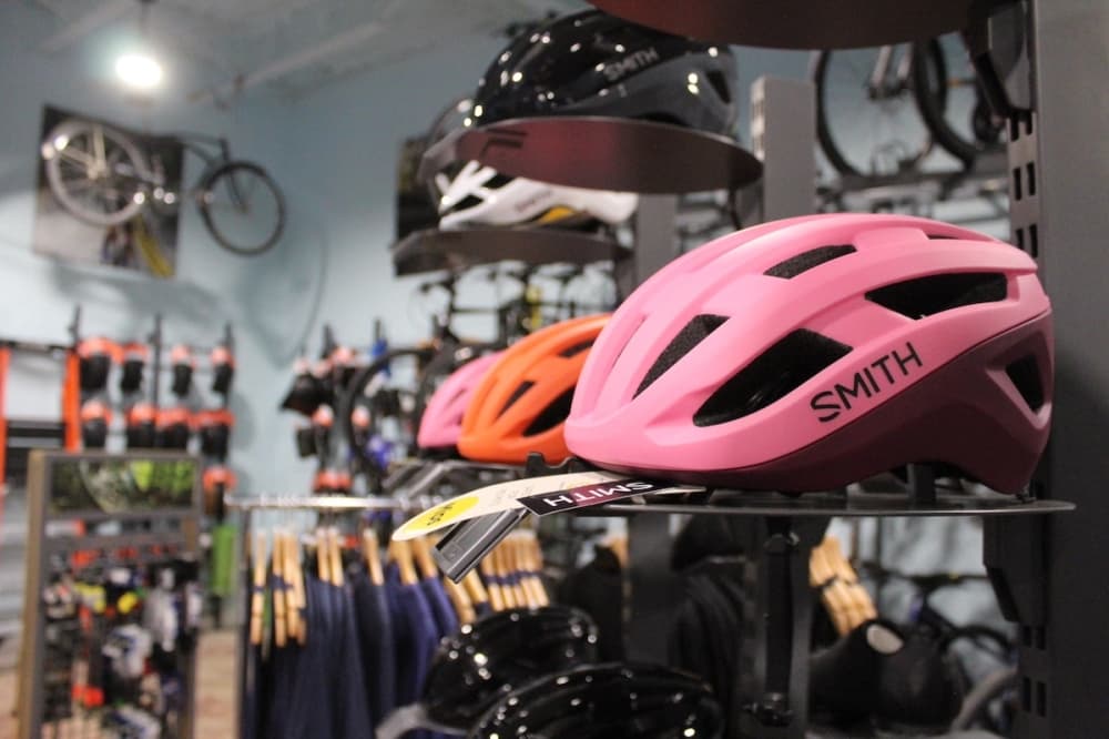 Galaxy Bicycles sells a wide variety of bicycle accessories, including helmets. (Amira Van Leeuwen/Community Impact)