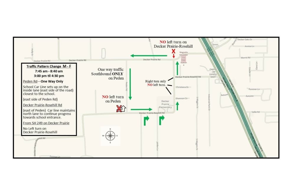 The photo shows the new traffic flows for Decker Prairie Elementary.