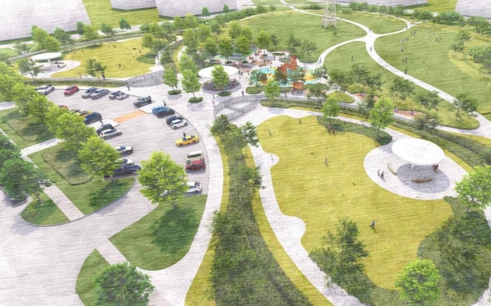 Davis Park and Trails site plan features concrete paths, basketball court