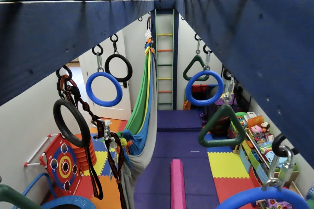 Climbing rings of sensory gym at Triumph Physical Therapy & Wellness Center in Highland Village.