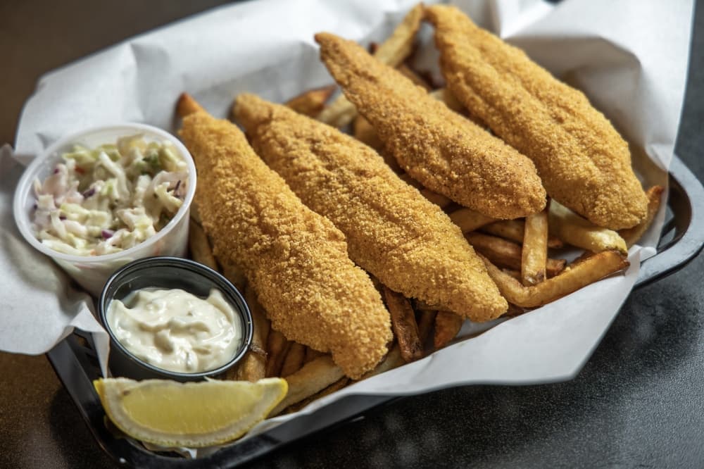 Serving of crispy catfish at Bottlecap Alley Icehouse Grill
